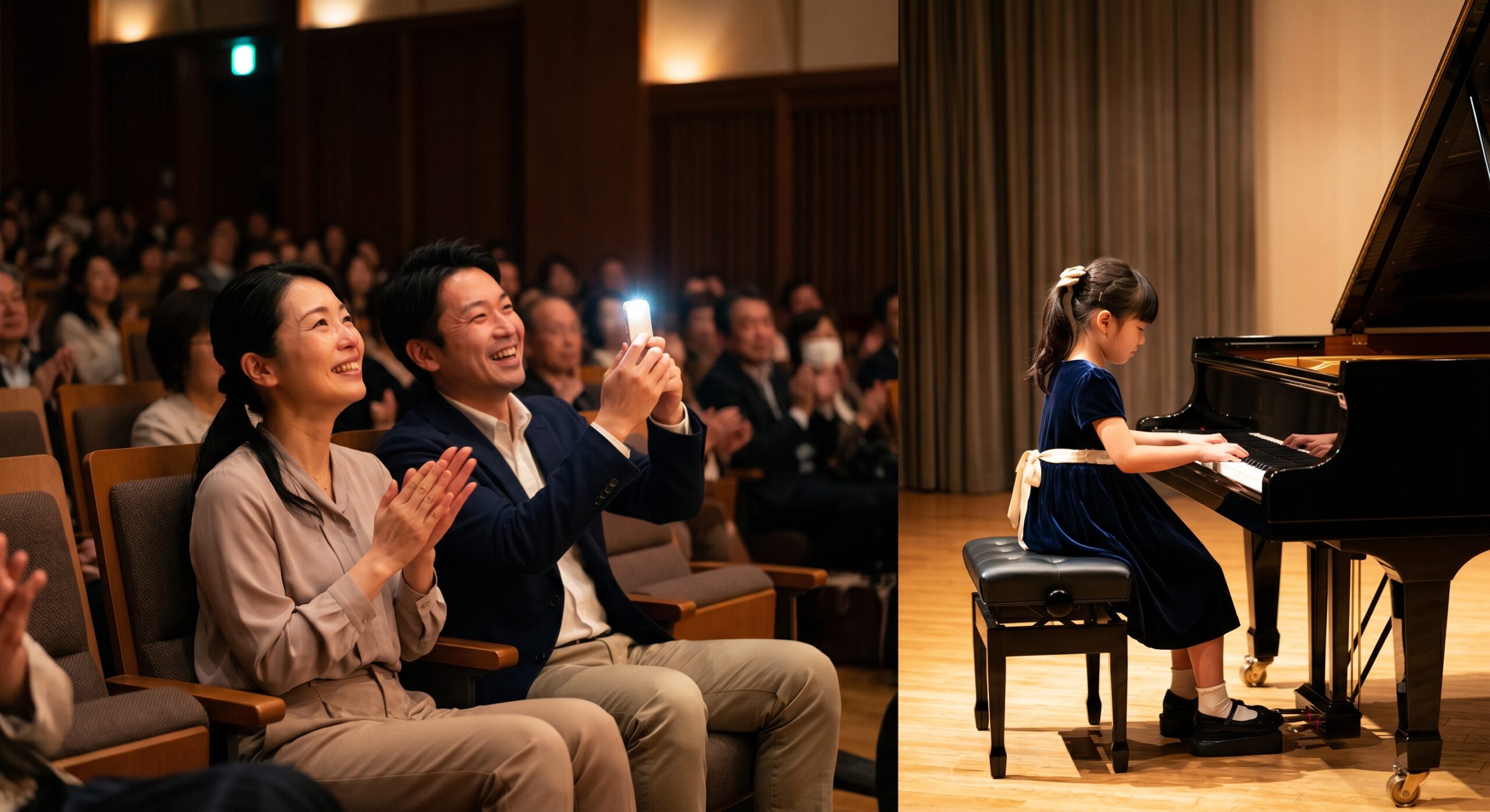 発表会で我が子の演奏を見守る家族